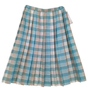 SALE! TAN JAY NYGARD Rayon Aqua Plaid Pleated Midi Skirt Vintage 1980s NWT Sz 18